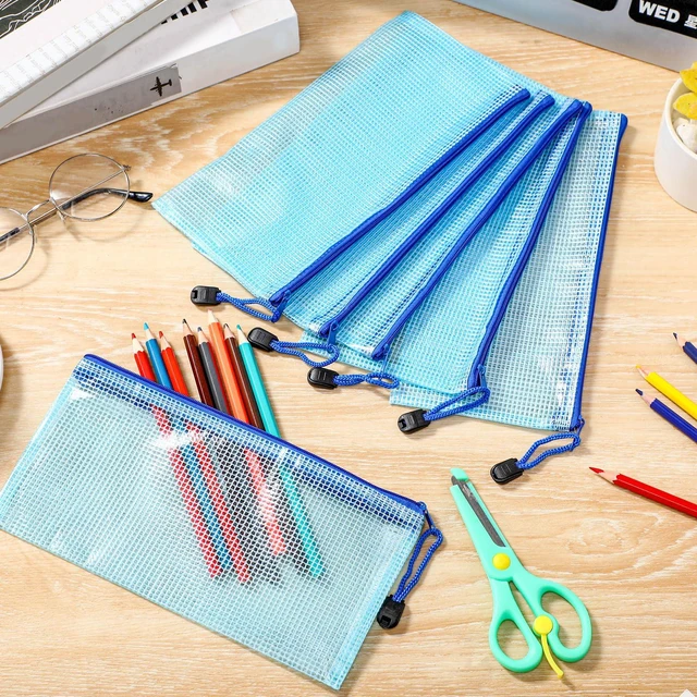 Alt view image 7 of 7 - 100Pcs Mesh Pencil Pouch,Blue,A6 Small Zipper Pencil Pouches Bulk, Waterproof Clear Storage Bag, Multipurpose for Cash Board Game Passport Office