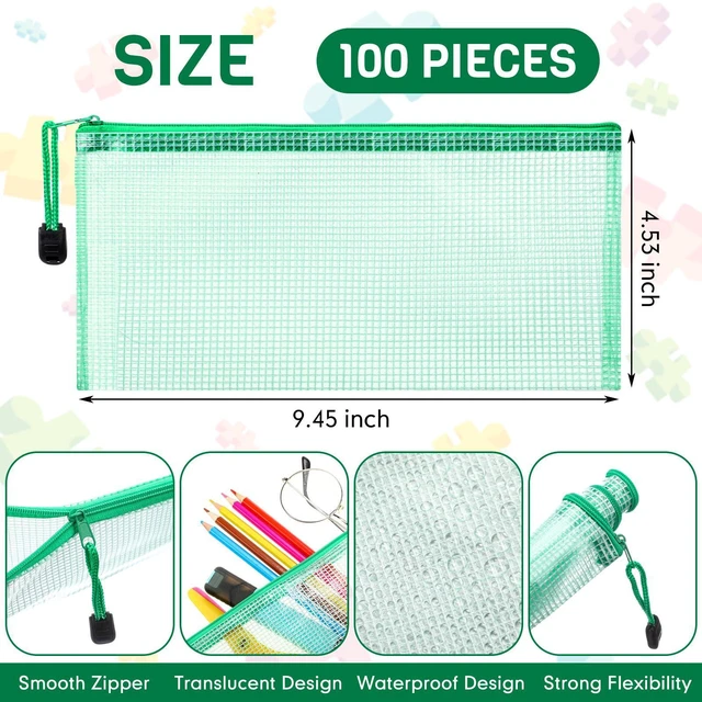 Alt view image 2 of 7 - 100Pcs Mesh Pencil Pouch,Green,A6 Small Zipper Pencil Pouches Bulk, Waterproof Clear Storage Bag, Multipurpose for Cash Board Game Passport Office