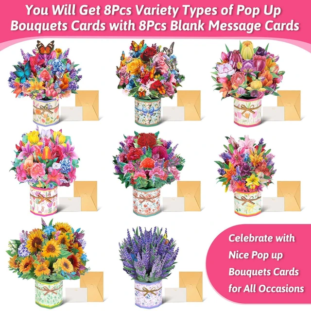 Alt view image 3 of 7 - 8 Pack Paper Flower Pop Up Cards, Flower Bouquet Card Popup 3D Greeting Cards for Mother's Day, Graduation, Anniversary, Birthday, Congratulations, Get Well, Home Decor, with Envelope and Note