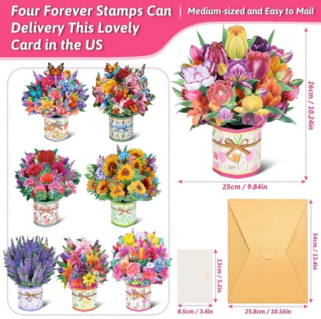 Alt view image 4 of 7 - 8 Pack Paper Flower Pop Up Cards, Flower Bouquet Card Popup 3D Greeting Cards for Mother's Day, Graduation, Anniversary, Birthday, Congratulations, Get Well, Home Decor, with Envelope and Note