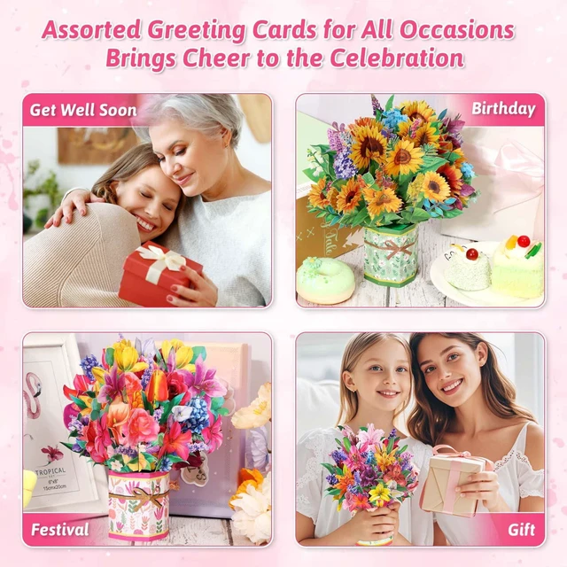 Alt view image 6 of 7 - 8 Pack Paper Flower Pop Up Cards, Flower Bouquet Card Popup 3D Greeting Cards for Mother's Day, Graduation, Anniversary, Birthday, Congratulations, Get Well, Home Decor, with Envelope and Note