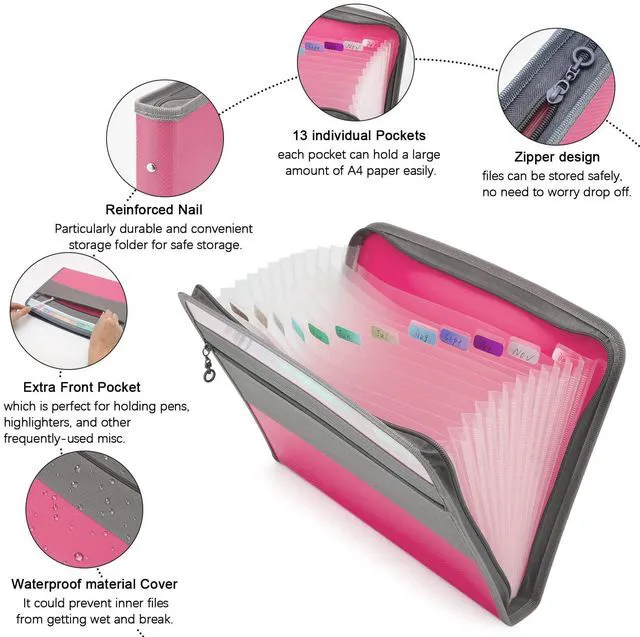 Alt view image 3 of 7 - Expanding File Folders, 13 Pockets Document Organizer with Zipper, A4 Letter Size Portable Accordion Expanding File Folders with Multicolor Labels for Home Office School Supplies (Mix 4 Color)