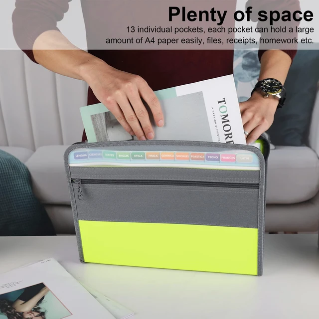 Alt view image 2 of 7 - Expanding File Folders, 2Pack 13 Pockets Document Organizer with Zipper, A4 Letter Size Portable Accordion Expanding File Folders with Multicolor Labels for Office School Supplies (Black+Green)