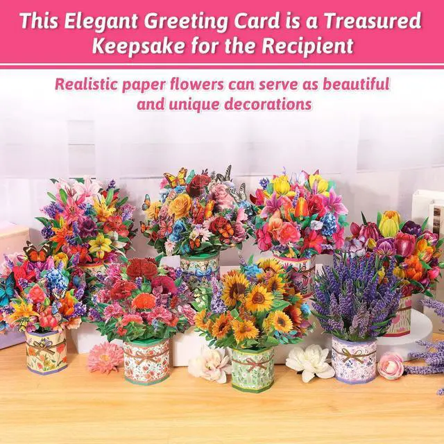 Alt view image 7 of 7 - 8 Pack Paper Flower Pop Up Cards, Flower Bouquet Card Popup 3D Greeting Cards for Mother's Day, Graduation, Anniversary, Birthday, Congratulations, Get Well, Home Decor, with Envelope and Note