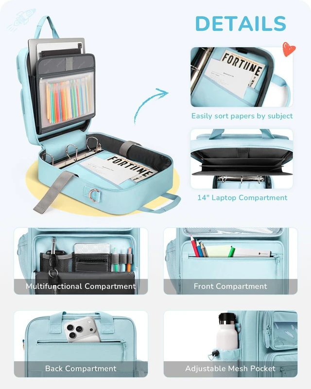 Alt view image 5 of 7 - Zipper Binder 3 Ring with Ita Window, 3 Inch D-Ring Binder with Zipper and Strap Fits 14" Laptop, 600+ Sheets Capacity 3-in-1 Shoulder/Backpack/Handle Binder Bag for School Office Commute, Blue