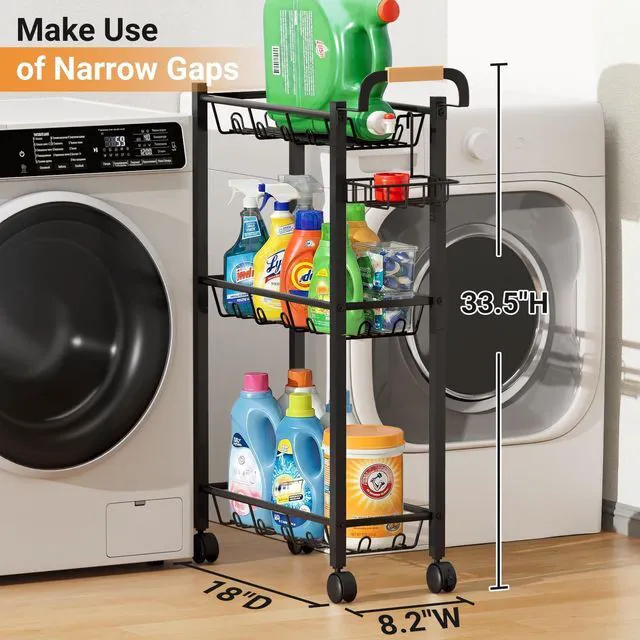 Alt view image 2 of 7 - Laundry Room Cart with Top Detergent Holder, Metal Rolling Storage Cart Between Washer and Dryer, 3 Tier Narrow Laundry Room Organization and Storage with Wheels (Pure Black)