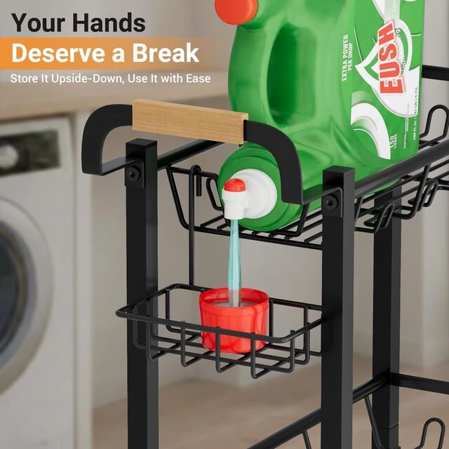Alt view image 3 of 7 - Laundry Room Cart with Top Detergent Holder, Metal Rolling Storage Cart Between Washer and Dryer, 3 Tier Narrow Laundry Room Organization and Storage with Wheels (Pure Black)
