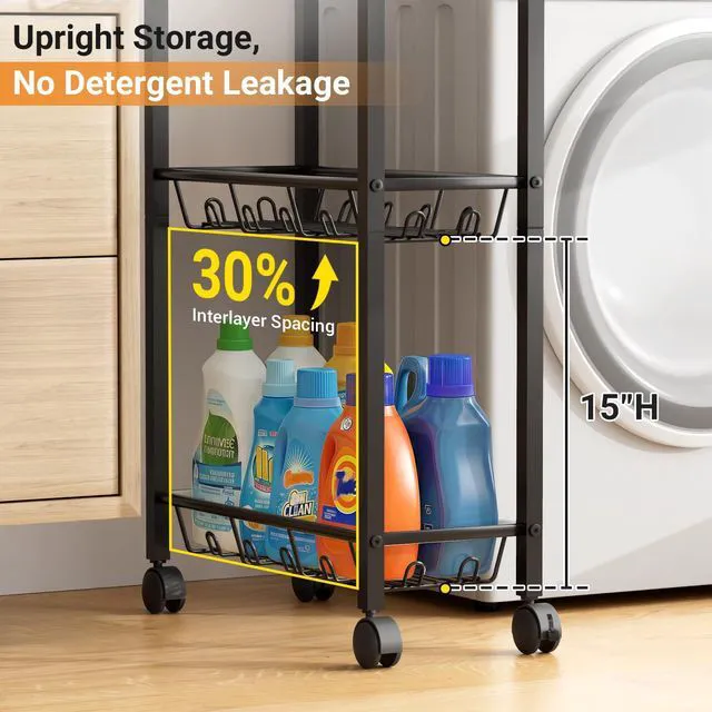 Alt view image 4 of 7 - Laundry Room Cart with Top Detergent Holder, Metal Rolling Storage Cart Between Washer and Dryer, 3 Tier Narrow Laundry Room Organization and Storage with Wheels (Pure Black)