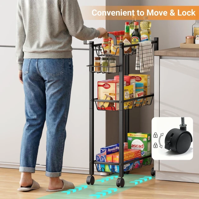 Alt view image 6 of 7 - Laundry Room Cart with Top Detergent Holder, Metal Rolling Storage Cart Between Washer and Dryer, 3 Tier Narrow Laundry Room Organization and Storage with Wheels (Pure Black)