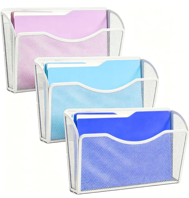 Main image of Mesh Hanging Wall File Holders, Metal Vertical Wall Basket Mail Organizer for Office/Home (White, 3 Pack Wall Mounted)