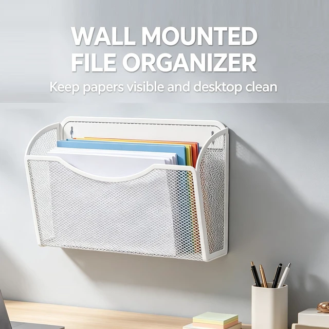 Alt view image 4 of 5 - Mesh Hanging Wall File Holders, Metal Vertical Wall Basket Mail Organizer for Office/Home (White, 3 Pack Wall Mounted)