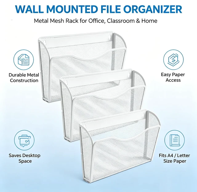 Alt view image 3 of 5 - Mesh Hanging Wall File Holders, Metal Vertical Wall Basket Mail Organizer for Office/Home (White, 3 Pack Wall Mounted)