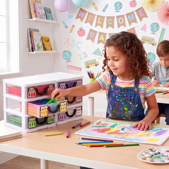 Alt view image 6 of 6 - 12 Pcs/ 4 Pack Plastic Crayon Organizer for Classroom Back to School Crayon Storage Boxes for Marker Pen Art Craft Supplies Crayons Drawer Container for Classroom Office Table with Color Label