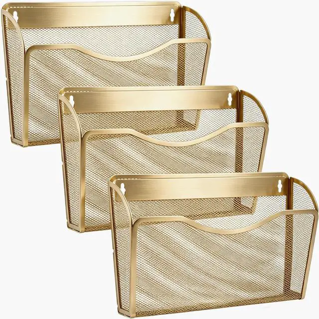 Main image of Mesh Hanging Wall File Holders, Metal Vertical Wall Basket Mail Organizer for Office/Home (Gold, 3 Pack Wall Mounted)