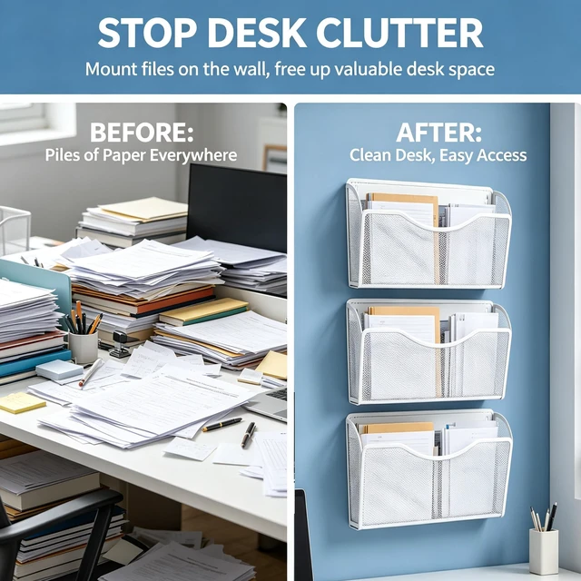 Alt view image 5 of 5 - Mesh Hanging Wall File Holders, Metal Vertical Wall Basket Mail Organizer for Office/Home (White, 3 Pack Wall Mounted)