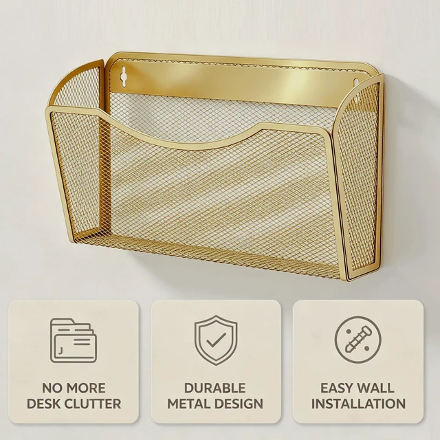 Alt view image 3 of 5 - Mesh Hanging Wall File Holders, Metal Vertical Wall Basket Mail Organizer for Office/Home (Gold, 3 Pack Wall Mounted)