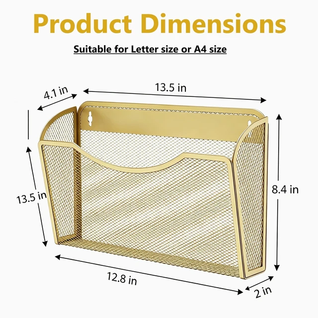 Alt view image 2 of 5 - Mesh Hanging Wall File Holders, Metal Vertical Wall Basket Mail Organizer for Office/Home (Gold, 3 Pack Wall Mounted)
