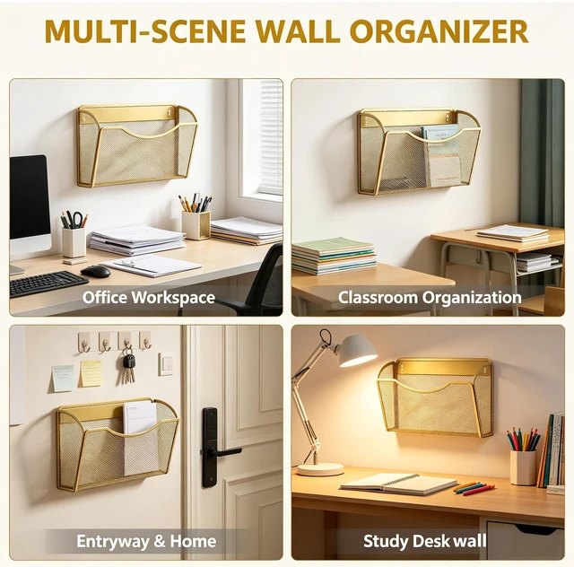 Alt view image 5 of 5 - Mesh Hanging Wall File Holders, Metal Vertical Wall Basket Mail Organizer for Office/Home (Gold, 3 Pack Wall Mounted)