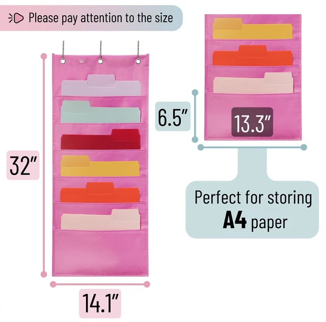 Alt view image 3 of 7 - Hanging Wall File Organizer, 6 Pocket, Pink 3 Overdoor Hangers Included, Over The Door File Organizer, Hanging Folder Organizer, Wall Folder Organizer