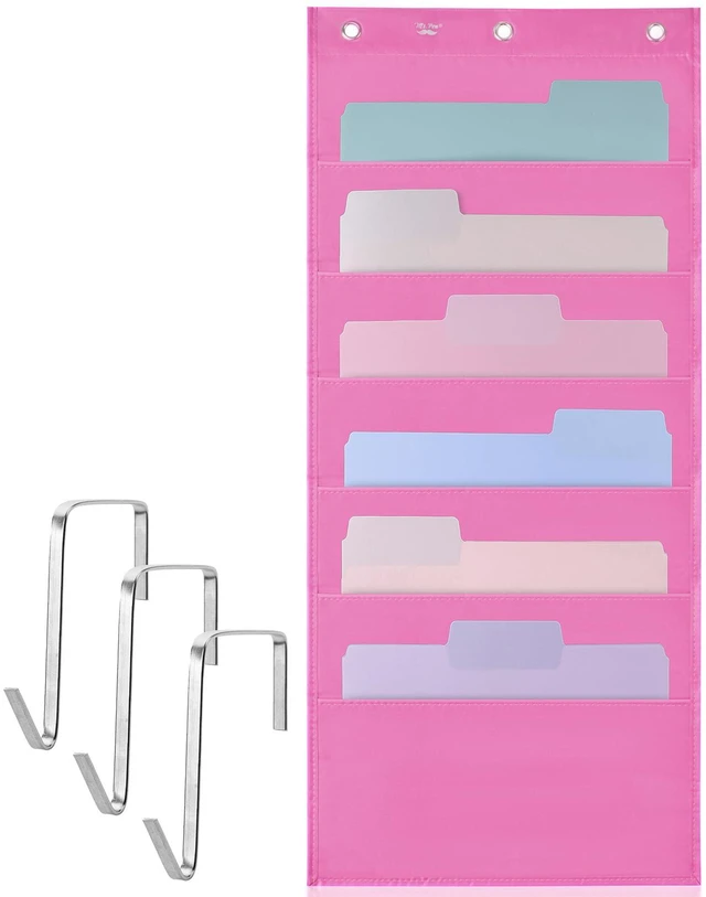 Main image of Hanging Wall File Organizer, 6 Pocket, Pink 3 Overdoor Hangers Included, Over The Door File Organizer, Hanging Folder Organizer, Wall Folder Organizer