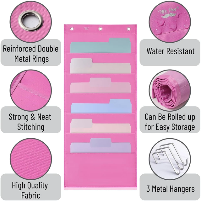 Alt view image 4 of 7 - Hanging Wall File Organizer, 6 Pocket, Pink 3 Overdoor Hangers Included, Over The Door File Organizer, Hanging Folder Organizer, Wall Folder Organizer