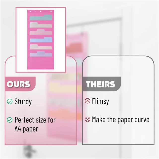 Alt view image 5 of 7 - Hanging Wall File Organizer, 6 Pocket, Pink 3 Overdoor Hangers Included, Over The Door File Organizer, Hanging Folder Organizer, Wall Folder Organizer