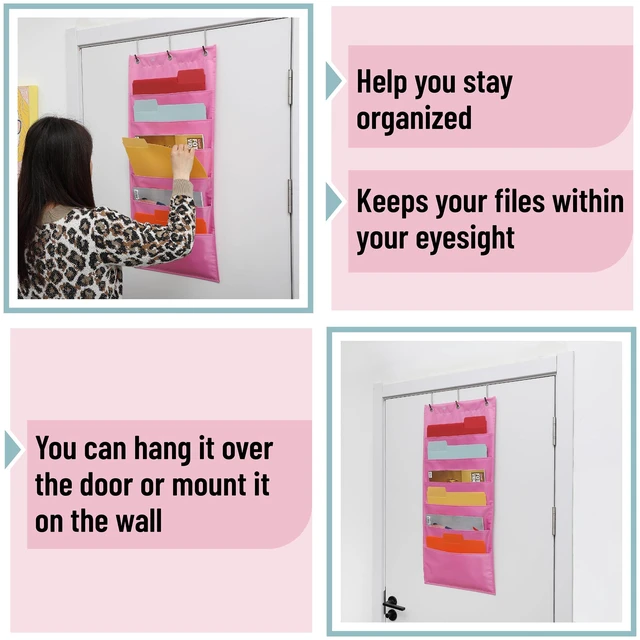 Alt view image 6 of 7 - Hanging Wall File Organizer, 6 Pocket, Pink 3 Overdoor Hangers Included, Over The Door File Organizer, Hanging Folder Organizer, Wall Folder Organizer