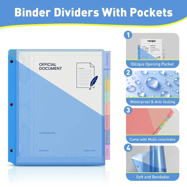 Alt view image 4 of 7 - 24 Counts Dividers with 2 Pockets, 8 Tabs Binder Dividers for 3 Ring Binder, Plastic Binder Dividers with Tabs for Office & School Organization Supplies, Multicolor, Letter Size, 3 Sets