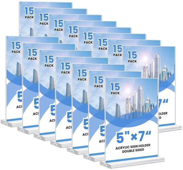 Main image of Acrylic Sign Holder, 5x7, 15 Pack Vertical Clear Table Menu Display, Double Sided, Plastic Stand, Suitable for Restaurants, Office, Store, Fair