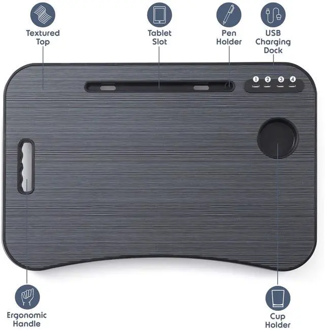 Alt view image 3 of 7 - Laptop Lap Desk, Bed Tray with USB Port Laptop Stand for Bed 24"x16" Adjustable Lap Desk for Laptop with Foldable Legs for Easy Storage, Tablet Slot & Cup Holder, Space Saving Couch & Bed Desk