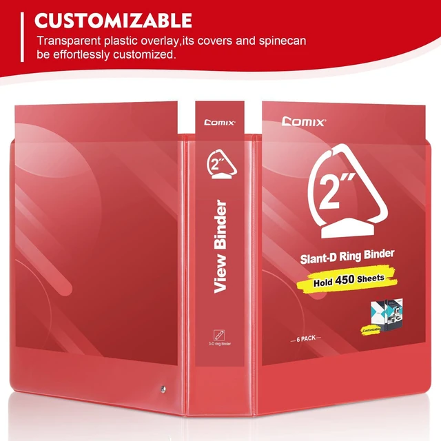 Alt view image 5 of 7 - Sturdy 2 Inch Slant-D Ring 3 Ring Binder with Clear View Cover 2"Heavy Duty Slant-D Ring,PVC-Free 2.4mm Board,Holds 225 Letter Sheets,Commercial Bulk for Corporate Offices,6 Pack (Red)