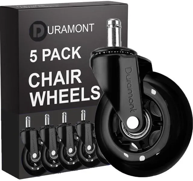 Main image of Office Chair Wheels - Set of 5 Rollerblade-Style Caster Wheels, Smooth & Quiet Rolling, Protects Hardwood Floors & Carpets, Universal Fit, Durable and Long-Lasting - Black