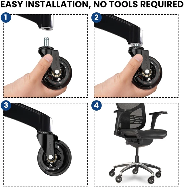 Alt view image 3 of 7 - Office Chair Wheels - Set of 5 Rollerblade-Style Caster Wheels, Smooth & Quiet Rolling, Protects Hardwood Floors & Carpets, Universal Fit, Durable and Long-Lasting - Black
