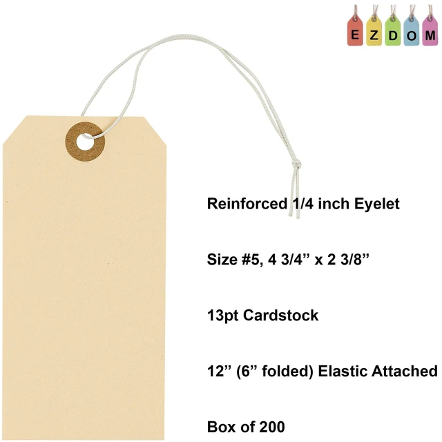Alt view image 4 of 7 - Tags with Elastic String Attached - #5, 4 3/4" x 2 3/8" Box of 200 Manila Paper Label Tags with Elastic Loop and Reinforced Hole (Pack of 2)