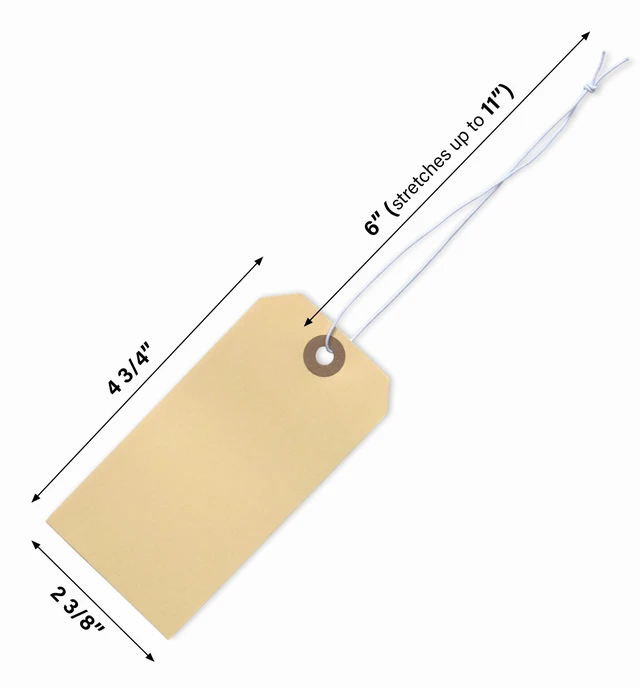 Alt view image 3 of 7 - Tags with Elastic String Attached - #5, 4 3/4" x 2 3/8" Box of 200 Manila Paper Label Tags with Elastic Loop and Reinforced Hole (Pack of 2)