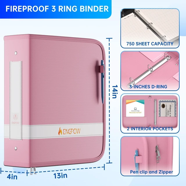 Alt view image 4 of 7 - 3 Ring Binder,Fireproof 3" D Ring Organizer with Zipper & Pockets Holds 750 Sheets,Non-Stick,PVC-Free,Compatible with Sheet Protectors,Durable School Office Home Safe Storage for Paper,Pink