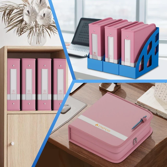 Alt view image 5 of 7 - 3 Ring Binder,Fireproof 3" D Ring Organizer with Zipper & Pockets Holds 750 Sheets,Non-Stick,PVC-Free,Compatible with Sheet Protectors,Durable School Office Home Safe Storage for Paper,Pink