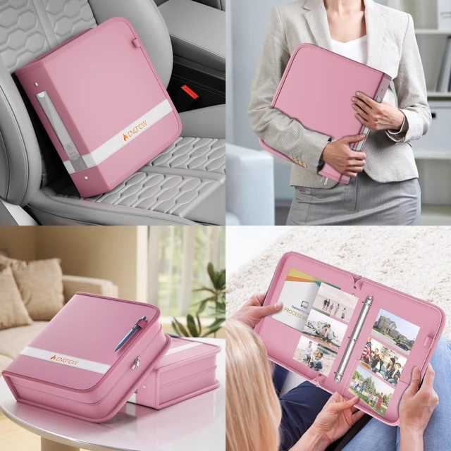 Alt view image 6 of 7 - 3 Ring Binder,Fireproof 3" D Ring Organizer with Zipper & Pockets Holds 750 Sheets,Non-Stick,PVC-Free,Compatible with Sheet Protectors,Durable School Office Home Safe Storage for Paper,Pink