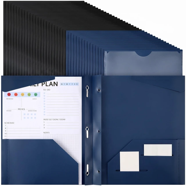 Main image of 48 Plastic Folders with 3 Prongs Bulk, Navy Blue,Black Heavy Duty Folders with Clear Front Pockets and Card Slots Folder with Fasteners Fit Letter-size Paper for Work School Office