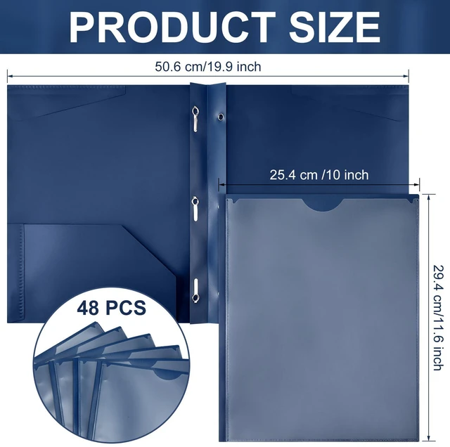 Alt view image 2 of 6 - 48 Plastic Folders with 3 Prongs Bulk, Navy Blue,Black Heavy Duty Folders with Clear Front Pockets and Card Slots Folder with Fasteners Fit Letter-size Paper for Work School Office