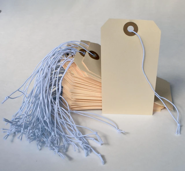 Alt view image 6 of 7 - Tags with Elastic String Attached - #5, 4 3/4" x 2 3/8" Box of 200 Manila Paper Label Tags with Elastic Loop and Reinforced Hole (Pack of 2)