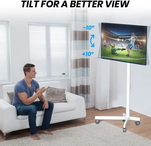 Alt view image 6 of 7 - Rolling TV Stand for 20-60 Inch LCD LED Flat/Curved TVs/Screens 2 Height Adjustable Mobile TV Floor Stand with Locking Wheels up to 88Lbs, Outdoor Tilt TV Cart Max VESA 400x400mm, White
