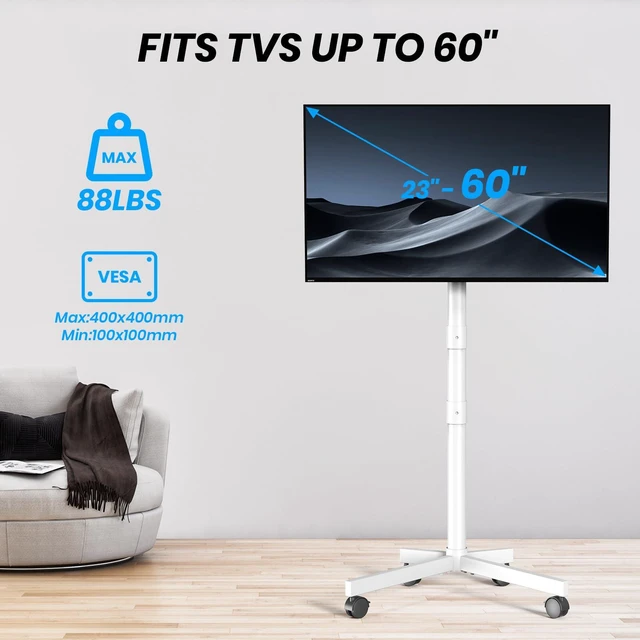 Alt view image 7 of 7 - Rolling TV Stand for 20-60 Inch LCD LED Flat/Curved TVs/Screens 2 Height Adjustable Mobile TV Floor Stand with Locking Wheels up to 88Lbs, Outdoor Tilt TV Cart Max VESA 400x400mm, White