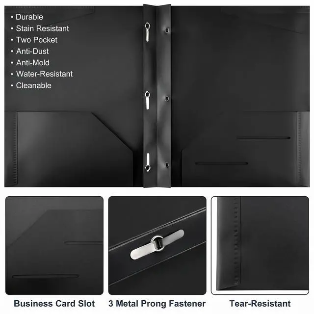 Alt view image 3 of 6 - 48 Plastic Folders with 3 Prongs Bulk, Navy Blue,Black Heavy Duty Folders with Clear Front Pockets and Card Slots Folder with Fasteners Fit Letter-size Paper for Work School Office