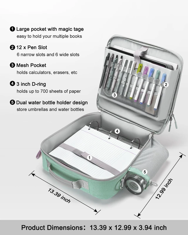 Alt view image 3 of 7 - 3 Inch 3-Ring Zipper Binder with Water Bottle Holder and Handle D-Ring Zip Up Binder with Shoulder Strap, 700 Sheet Capacity, Compatible with 13" MacBook/Tablet, for School, Office, Green