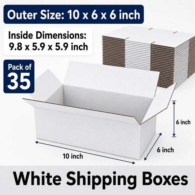 Alt view image 2 of 6 - 10x6x6 White Shipping Boxes for Small Business, Packing, Set of 35 Sturdy ECT 32 Corrugated Cardboard Mailer boxes, Easy Assembly, Recyclable for Mailing, Ecommerce Packing & Gift Packaging