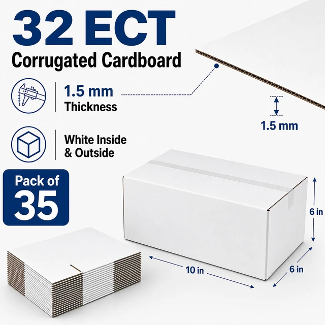 Alt view image 3 of 6 - 10x6x6 White Shipping Boxes for Small Business, Packing, Set of 35 Sturdy ECT 32 Corrugated Cardboard Mailer boxes, Easy Assembly, Recyclable for Mailing, Ecommerce Packing & Gift Packaging