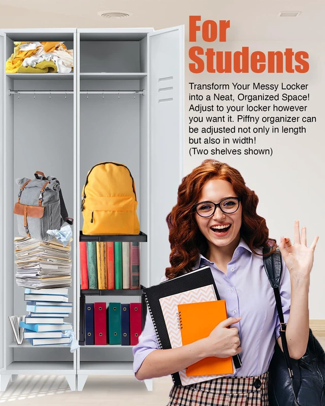 Alt view image 4 of 7 - Locker Organizer Shelf Adjustable Width and Height, Stackable, Ideal Locker Shelf for School, Office, Gym Lockers, or Even Kitchen Cabinets & Under Sink Organization (Black 1 Pack)