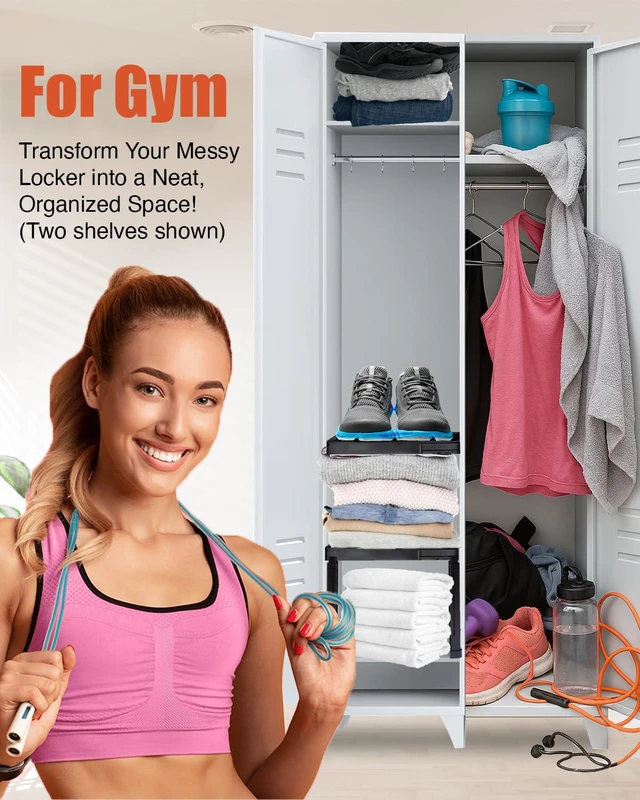 Alt view image 5 of 7 - Locker Organizer Shelf Adjustable Width and Height, Stackable, Ideal Locker Shelf for School, Office, Gym Lockers, or Even Kitchen Cabinets & Under Sink Organization (Black 1 Pack)