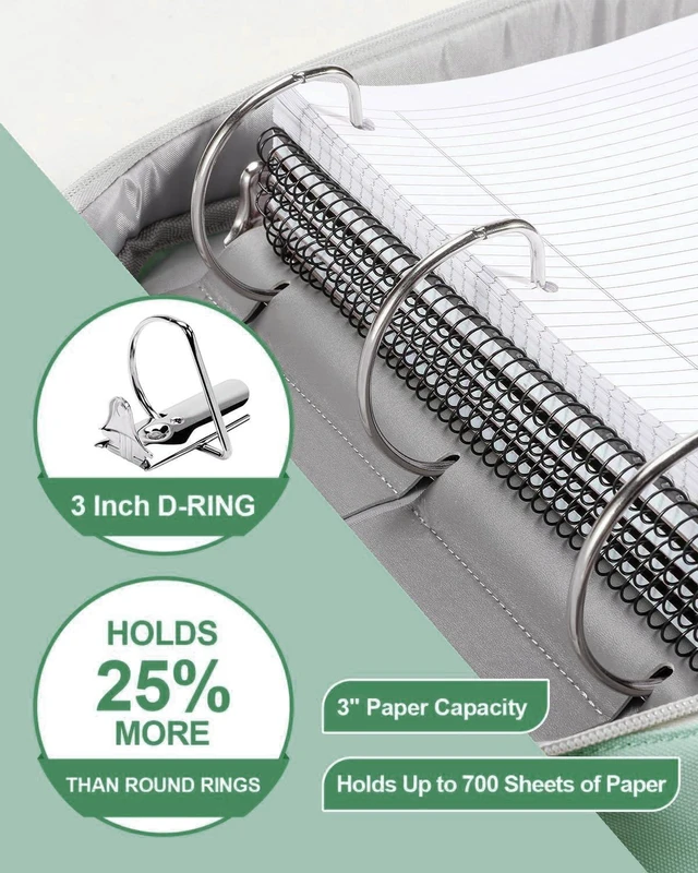 Alt view image 7 of 7 - 3 Inch 3-Ring Zipper Binder with Water Bottle Holder and Handle D-Ring Zip Up Binder with Shoulder Strap, 700 Sheet Capacity, Compatible with 13" MacBook/Tablet, for School, Office, Green